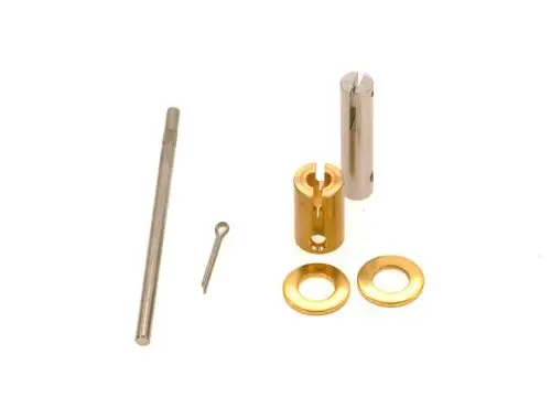 BOSCH Achse mit mehreren Metallteilen, darunter eine zylindrische Komponente und verschiedene Ringe, auf weißem Hintergrund angeordnet.